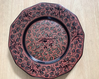Burmese Lacquered Gold Handmade Food Serving Plate Circle shaped, Peacock Tail design