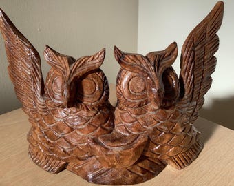 Hand Carved Wooden Owl couple Figure & Sculpture, Natural Wood Carving, Wooden Owl Figure, Wooden Owl couple Sculpture.