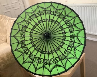 Handmade Traditional oil painting Burmese Sun Parasol (Pathein), Large Asian Parasol