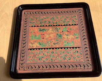 Burmese Lacquered  Handmade Food Serving Trays Square  Shaped. Factual Bagan Design | Traditional Myanmar Art | Unique Cultural Gift