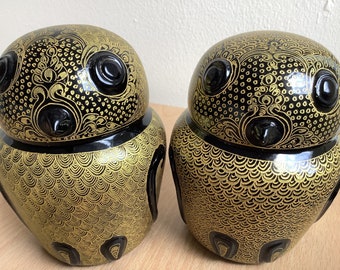 Burmese Lacquerware Handmade Gold Owl A Couples Figure.