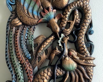 A Handmade & Handcrafted Timber Wooden Carved Square of Nagar and Ganon, Burmese name for Dragon and Eagle, large size Decoration Wall