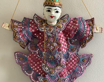 Traditional Burmese Stunning Puppet Marionette, Mail Fairy(Thajarmin)figure copious amounts of beaded, sequined with Blue, Gold and Pink.