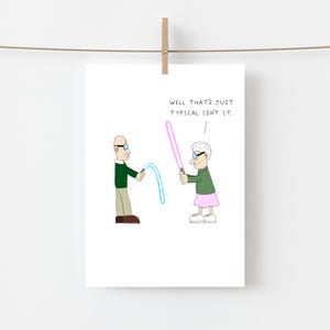 Divertente biglietto di auguri di Star Wars – Duello Jedi anziano con spade laser! Biglietto di compleanno perfetto per i fan di Star Wars, regalo geek per lui o per lei