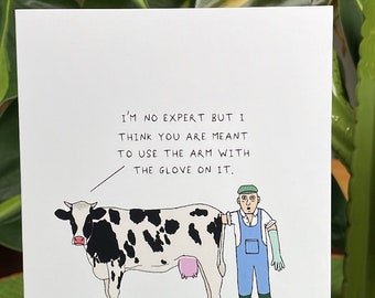 Funny cow with farmer card | Funny greeting card | AJS STUDIOS