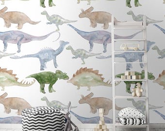 Removable wallpaper Peel and Stick, Self-Adhesive ,watercolor dinosaur Traditional Wallpaper nursery wallpaper dinosaur wall mural