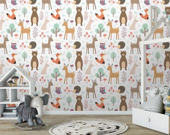 Removable wallpaper Peel and Stick, Self-Adhesive , Forest cute animals Traditional Wallpaper nursery wallpaper Forest wall mural