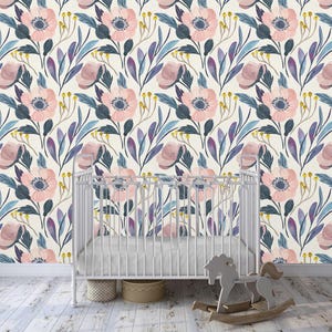 Removable Peel and  Stick Wallpaper, Self-Adhesive Wall Mural, Watercolor Floral Nursery kids Room Decor, Botanical Traditional Wallpaper