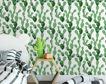 Removable wallpaper Peel and Stick, Self-Adhesive ,Watercolor Cactus Traditional Wallpaper nursery wallpaper Plant wall mural