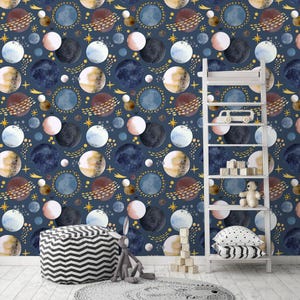 Removable wallpaper Peel and  Stick, Self-Adhesive , colorful stars and Planets Traditional Wallpaper kids Room Wall Mural nursery wallpaper