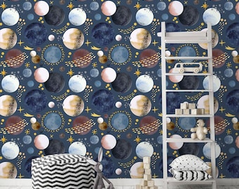Removable wallpaper Peel and  Stick, Self-Adhesive , colorful stars and Planets Traditional Wallpaper kids Room Wall Mural nursery wallpaper