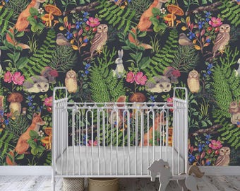 watercolor forest animals and plants Removable Peel and  Stick Wallpaper, Self-Adhesive kids Wall Mural,  Traditional nursery Wallpaper