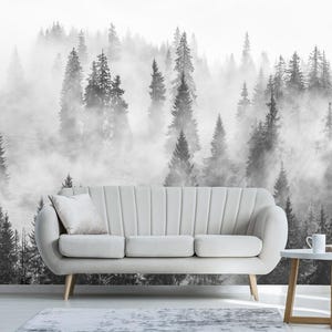 Papier peint amovible forêt noir et blanc, autocollant, décoration murale paysage de montagne brumeux, forêt, salon