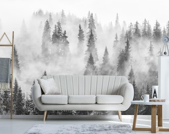 Papel tapiz extraíble con diseño de bosque en blanco y negro, autoadhesivo, despegable y pegable, mural de pared con paisaje de montaña brumoso y brumoso, para sala de estar con bosque