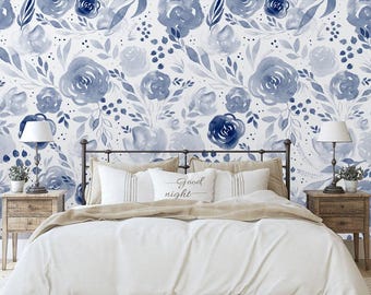 Papel pintado removible, autoadhesivo, diseño de triángulos de flores azules con acuarela, papel tapiz tradicional para guardería, mural de pared floral