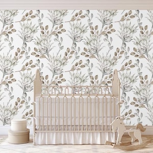 Removable wallpaper Peel and  Stick, Self-Adhesive ,Watercolor branches protea and eucalyptes leaves Traditional Wallpaper nursery wallpaper