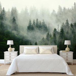 Papier peint amovible forêt de sapins, autocollant, décoration murale paysage de montagne brumeux, décoration murale forêt salon