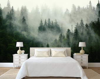 Papel tapiz extraíble de bosque de abetos, autoadhesivo, autoadhesivo, mural de pared con paisaje de montaña brumoso y brumoso, mural para sala de estar con bosque