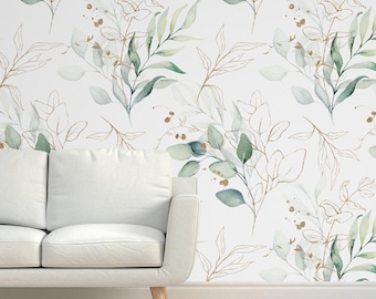 Papel pintado removible con hojas verdes y doradas, autoadhesivo, papel tapiz tradicional con decoración floral de acuarela
