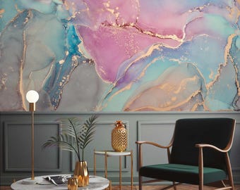 Abstract multicolored marble Removable Wallpaper, Peel and Stick, Self-Adhesive , Alcohol ink Wall Mural , Modern fluid Living Room mural