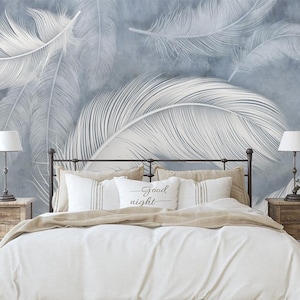 feathers Removable Wallpaper, Peel and Stick, Self-Adhesive , Gray Feather Wall Mural , Living Room mural Home Decor