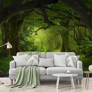 deeper to the jungle Removable Wallpaper, Peel and Stick, Self-Adhesive , Green Magic Forest Wall Mural , Forest Living Room mural