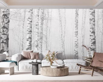 Black and white birch trees Removable Wallpaper, Peel and Stick, Self-Adhesive , natural landscape Wall Mural , Living Room mural Home Decor