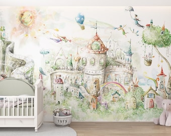 Papel pintado extraíble con diseño de hada y árbol mágico de acuarela, despegar y pegar, autoadhesivo, papel pintado infantil, mural para sala de estar de guardería