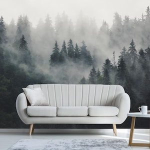 Foggy Forest Removable Wallpaper, Peel and Stick, Self-Adhesive ,Nature Wall Mural , Misty Foggy Forest Living Room mural Customizable size