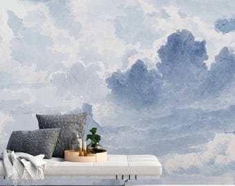 watercolor billowing clouds in a pale blue sky  Removable Wallpaper, Peel and Stick, Self-Adhesive , clouds Wall Mural , nursery Room mural