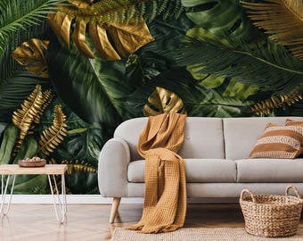 tropical palm leaves Removable Wallpaper, Peel and Stick, Self-Adhesive , tropical palm Wall Mural , Living Room mural Home Decor
