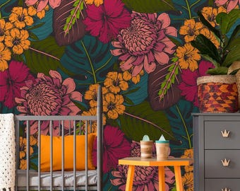 Handgezeichnete tropische Blumen Abziehbare Tapete, selbstklebendes Wandbild, traditionelle Tapete für das Kinderzimmer