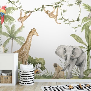 Carta da parati rimovibile con animali africani ad acquerello, stacca e attacca, autoadesiva, carta da parati per bambini, murale per soggiorno della cameretta dei bambini