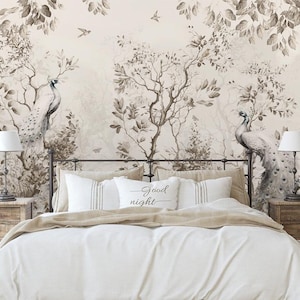 beige Peacock Forest Removable Wallpaper, Peel and Stick, Self-Adhesive , forest wall mural, nursery Living Room decor