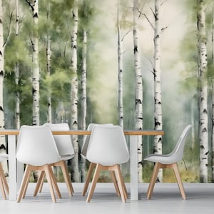 Aquarell Birken entfernbare Tapete, Schälen und Stick, selbstklebend, Naturlandschaft Wandbild, Wohnzimmer Wandbild Wohnkultur
