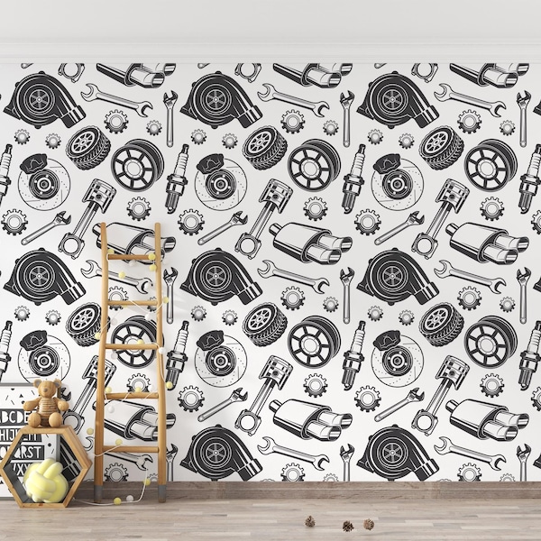 Car Mechanic Tools Peel & Stick Wallpaper, Car Parts Wallpaper, Automotive Pattern Wall Mural, Vehicle Parts decor Self-Adhesive