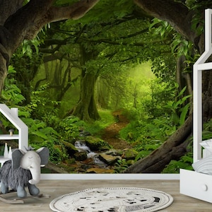 Papier peint amovible jungle tropicale, autocollant, décoration murale forêt magique verte, décoration murale salon forêt