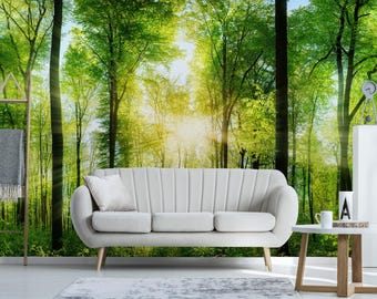 Sunny Forest Removable Wallpaper, Peel and Stick, Self-Adhesive , Green Forest trees Wall Mural , Forest Living Room mural