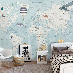 Weltkarte mit Tieren und wiederablösbare Tapete, zum Abziehen und Aufkleben, selbstklebend, mit Ballons und Flugzeugen, Wandbild, Kinderzimmer Tapete