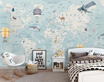 world map with animals Removable Wallpaper, Peel and Stick, Self-Adhesive , balloons and airplanes Wall Mural , childrens nursery wallpaper