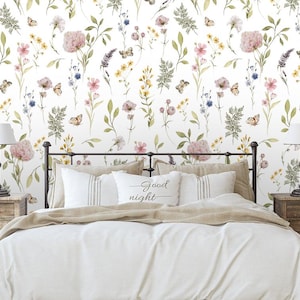 Removable wallpaper Peel and Stick, Self-Adhesive ,watercolor wild flowers Traditional Wallpaper nursery wallpaper green leaves wall mural