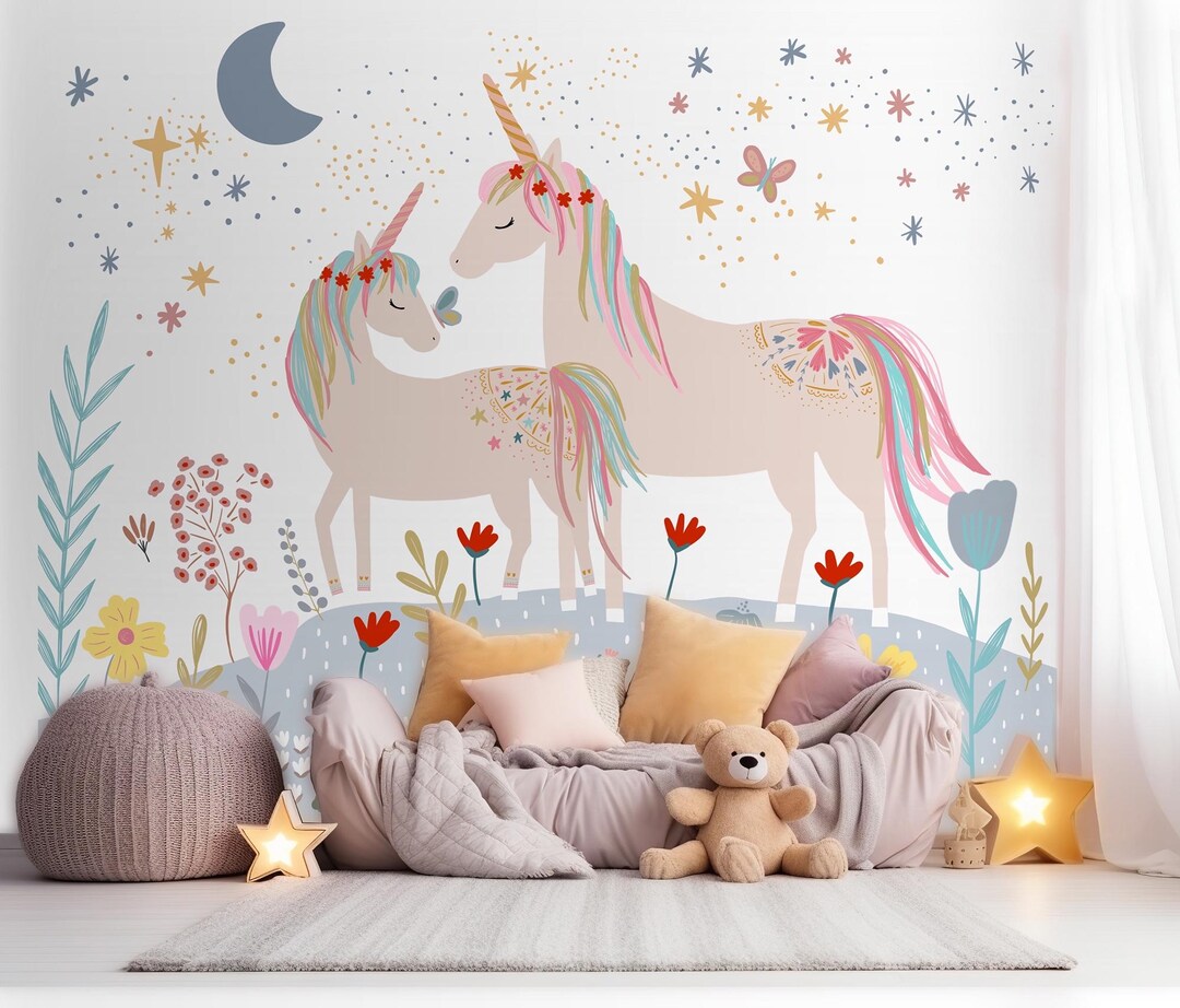 Unicorn and Flowers Removable Wallpaper, Peel and Stick, Self-adhesive ...
