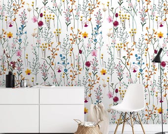 Removable Peel and  Stick Wallpaper, Self-Adhesive Wall Mural,  summer flowers decor wild flowers Traditional Wallpaper