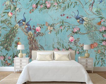 Chinoiserie blossom and peacocks Removable Wallpaper, Peel and Stick, Self-Adhesive , oriental botanical Wall Mural , Living Room mural