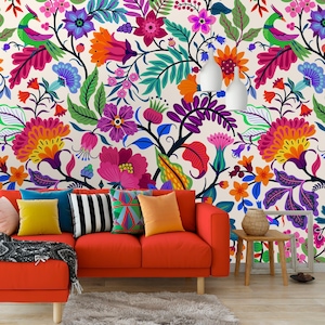 Colorful flowers and tropic leaves Removable Wallpaper, Peel and Stick, Self-Adhesive , colorful flowers Wall Mural , temporary wallpaper