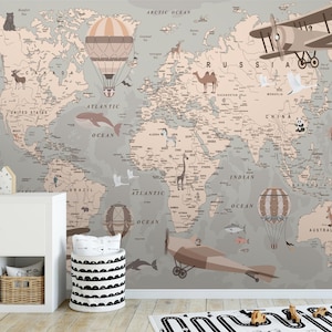 Kinder Weltkarte mit Tieren abnehmbare Tapete, Schälen und Stick, selbstklebend, Wandbild, Kinderzimmer Tapete, Ballons und Flugzeuge