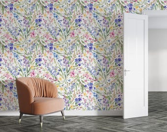 watercolor hand drawn flowers wallpaper Peel and  Stick, Self-Adhesive Wall Mural,Beautiful floral Wall Mural Traditional Wallpaper