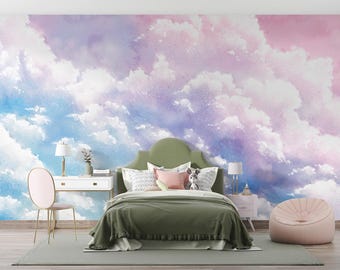 Aquarel kleurrijke luchtwolk verwijderbaar behang, Peel and Stick, zelfklevend, wolken muurschildering, kinderkamer muurschildering woonkamer