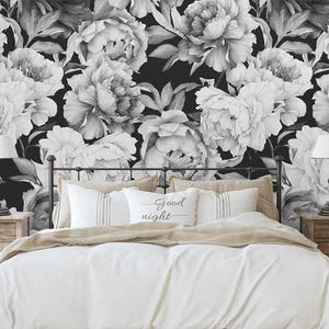 Removable Peel and  Stick Wallpaper, Self-Adhesive Wall Mural, Watercolor Floral Black and white peonies , Botanical Traditional Wallpaper