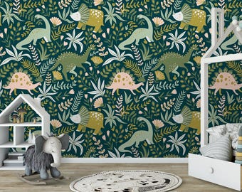 Removable wallpaper Peel and Stick, Self-Adhesive , dinosaurs and tropical leaves Traditional Wallpaper Cute dino wall mural